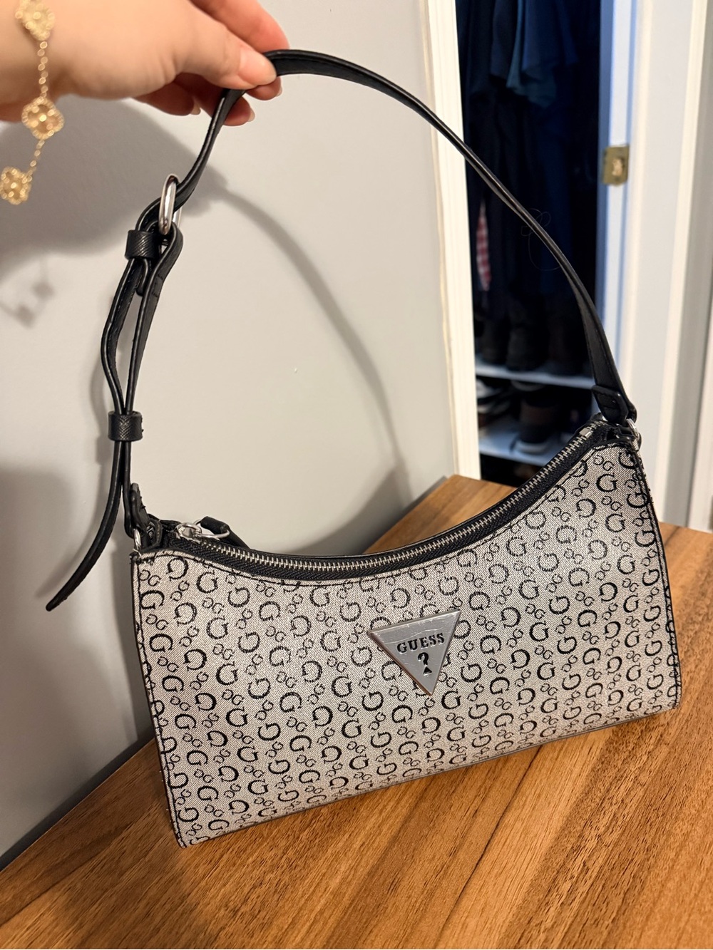 Guess Monogram Logo Shoulder Bag in Black and Gray